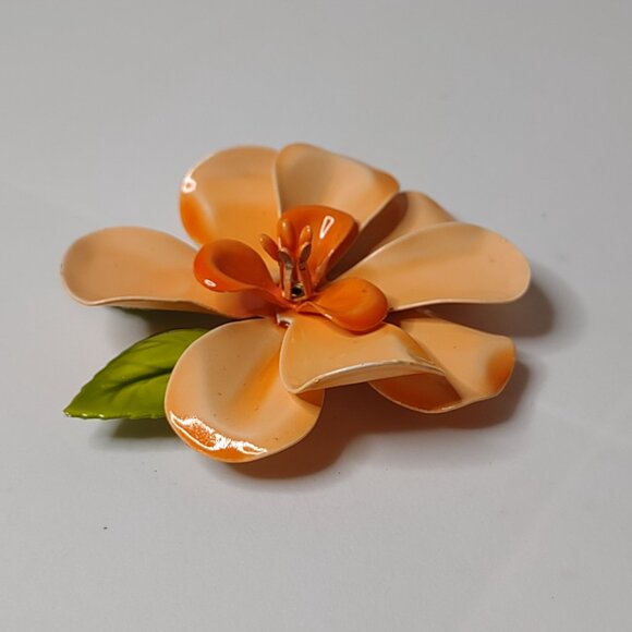 Orange Enamel Large Flower Brooch - Picture 7 of 11